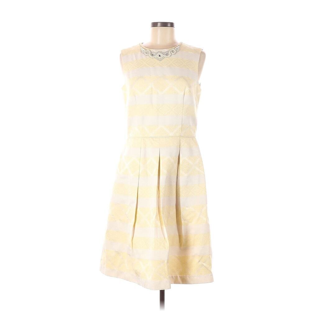 Maggy London Yellow Cocktail Dress Pleated Pearl Neck Size 12‎ Retro Preppy
